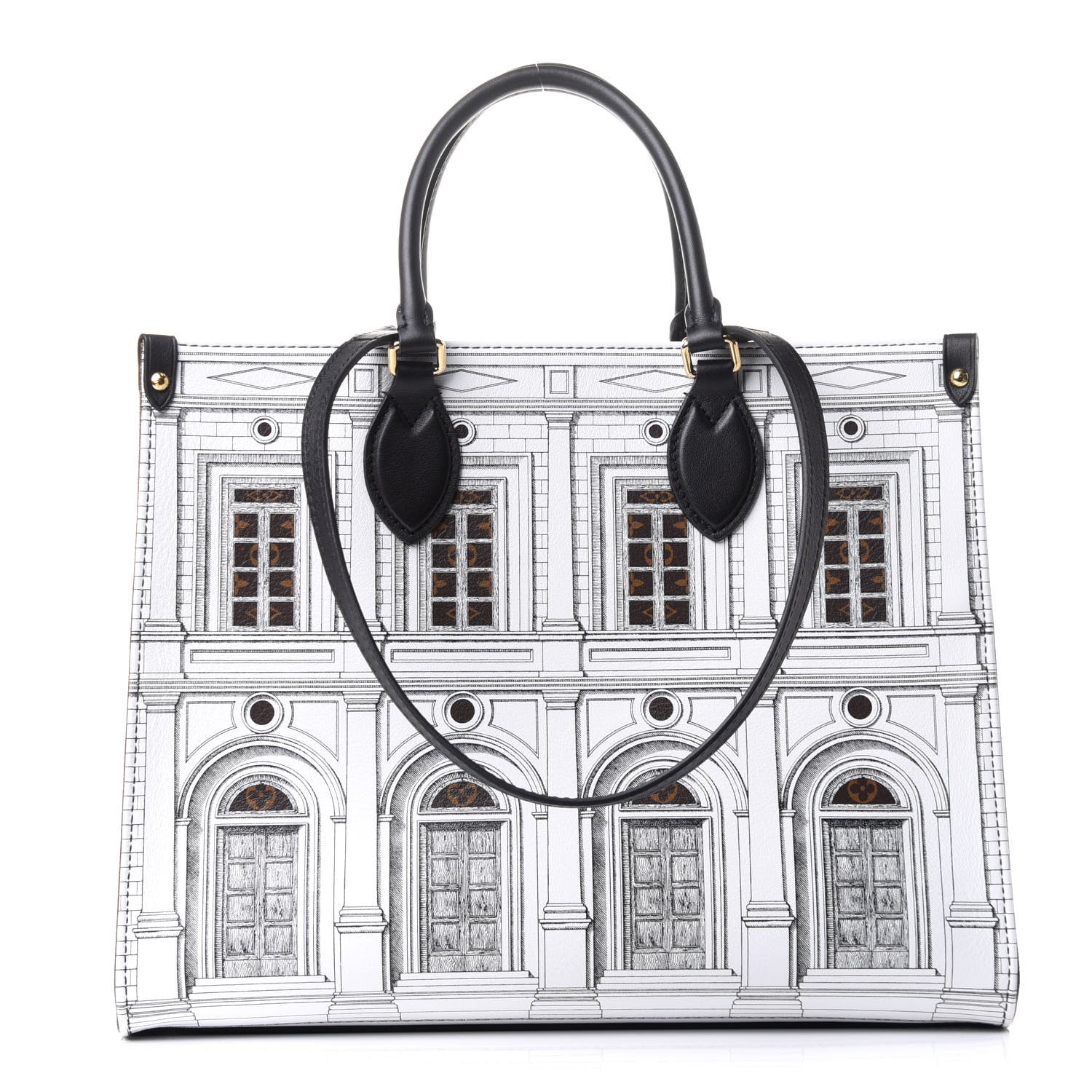 Louis Vuitton X FORNASETTI Calfskin Architettura Onthego MM Black White 1 of 10