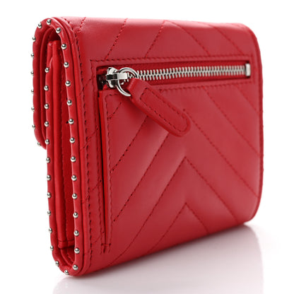 Chanel Lambskin Chevron Quilted Studded Compact Flap Wallet Red 2 of 9
