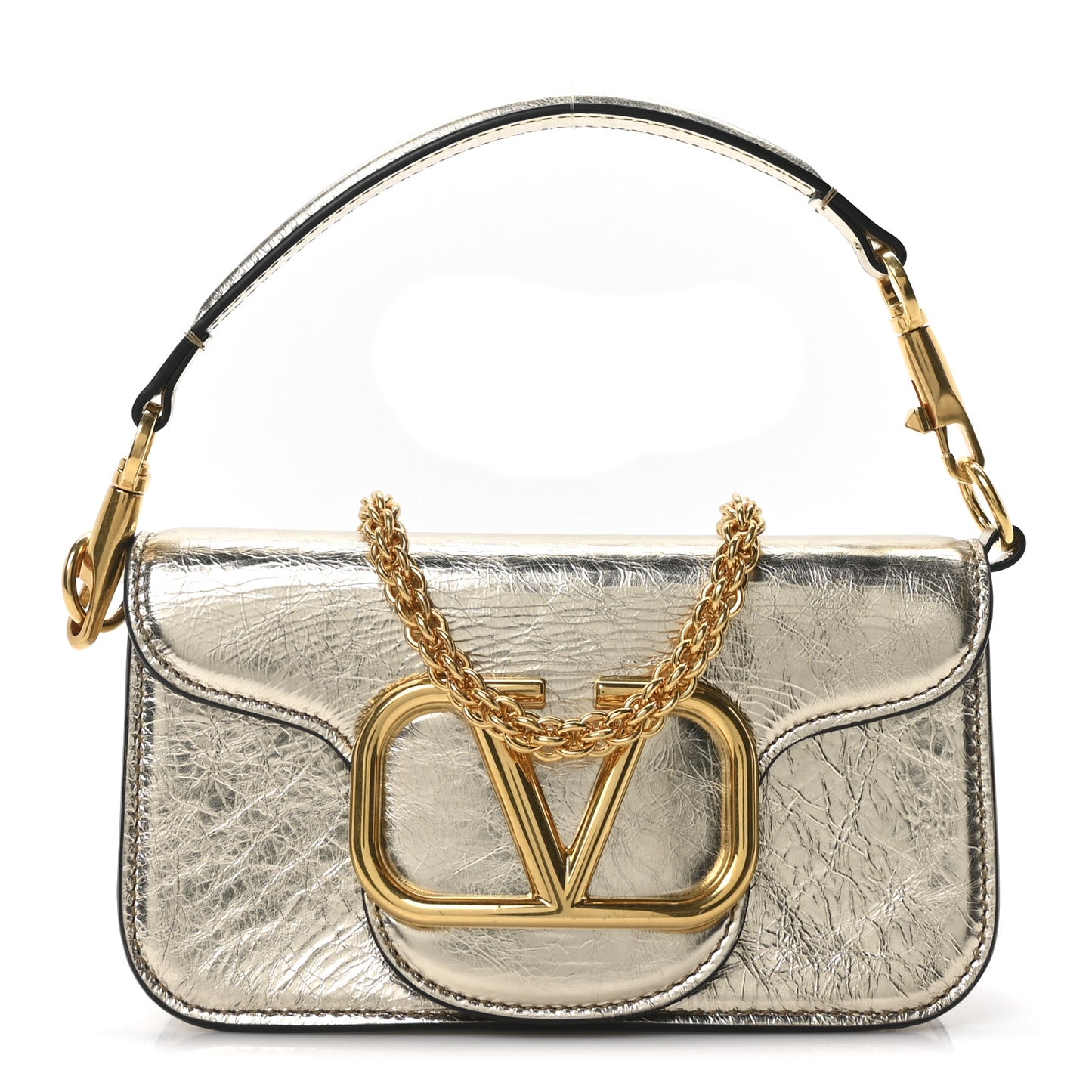 Metallic Crackle Effect Calfskin Vlogo Small Loco Shoulder Bag Platino