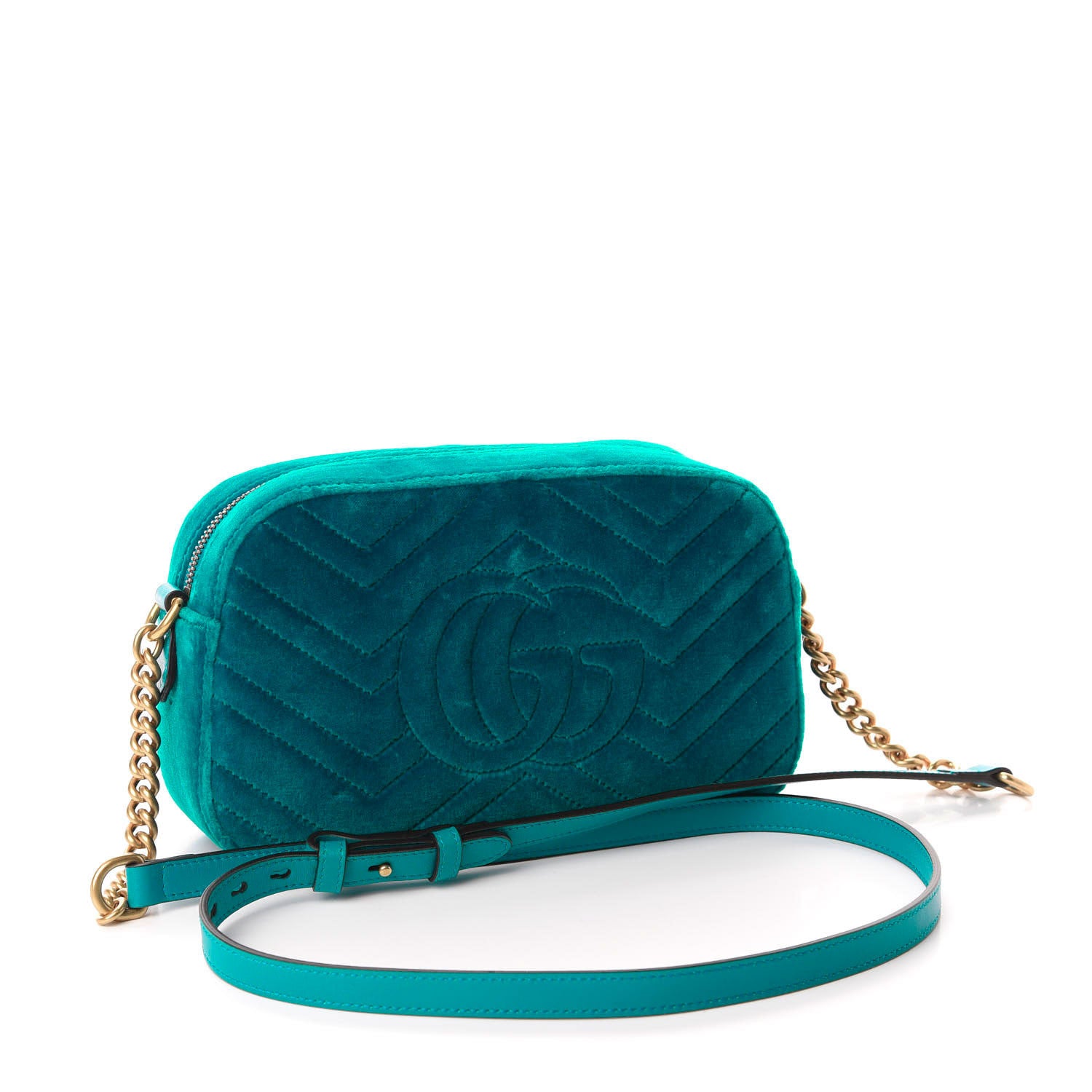 Gucci Velvet Matelasse Small GG Marmont Chain Shoulder Bag Pavone Cyan 3 of 10