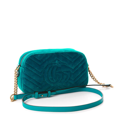 Gucci Velvet Matelasse Small GG Marmont Chain Shoulder Bag Pavone Cyan 3 of 10