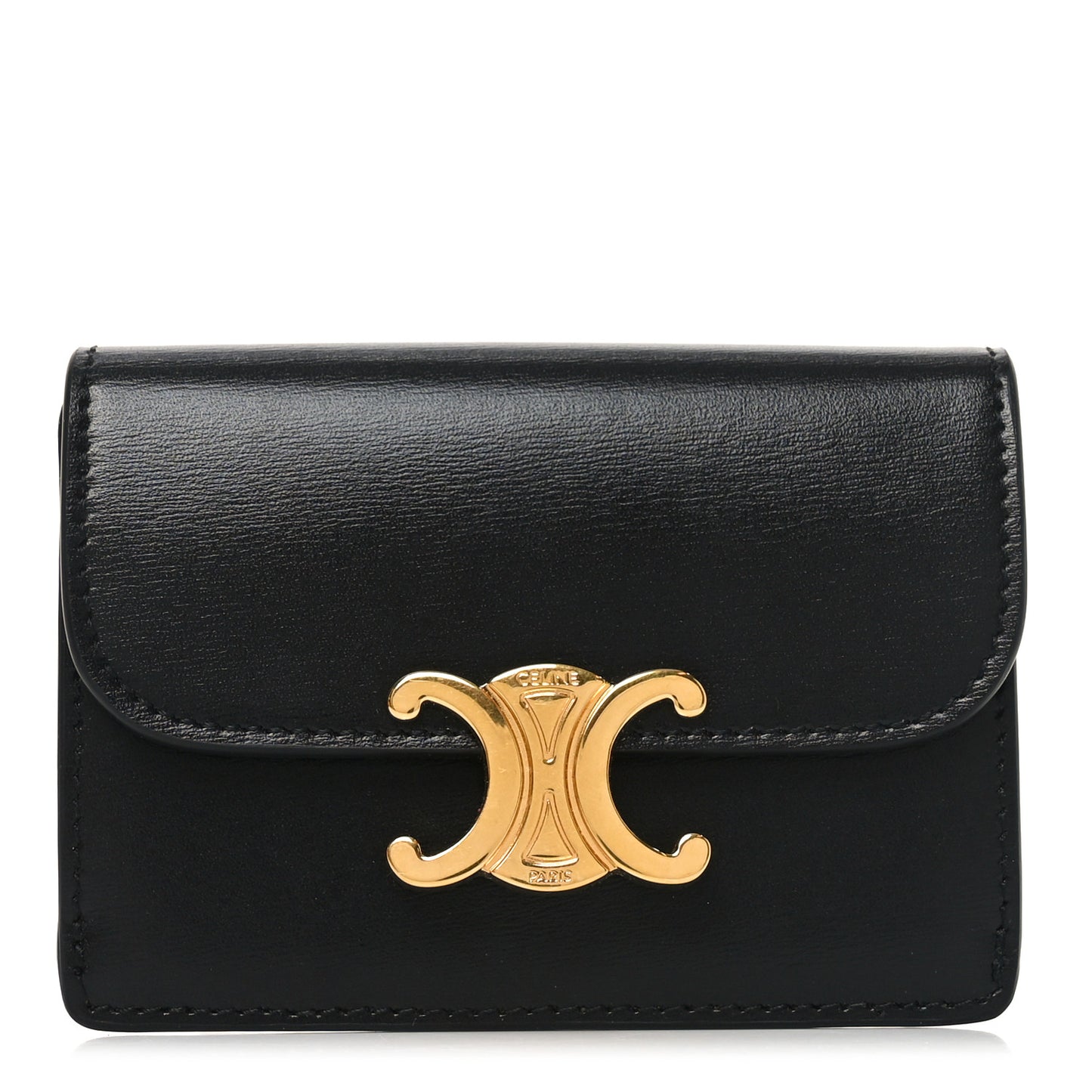 Shiny Calfskin Triomphe Flap Card Holder Black