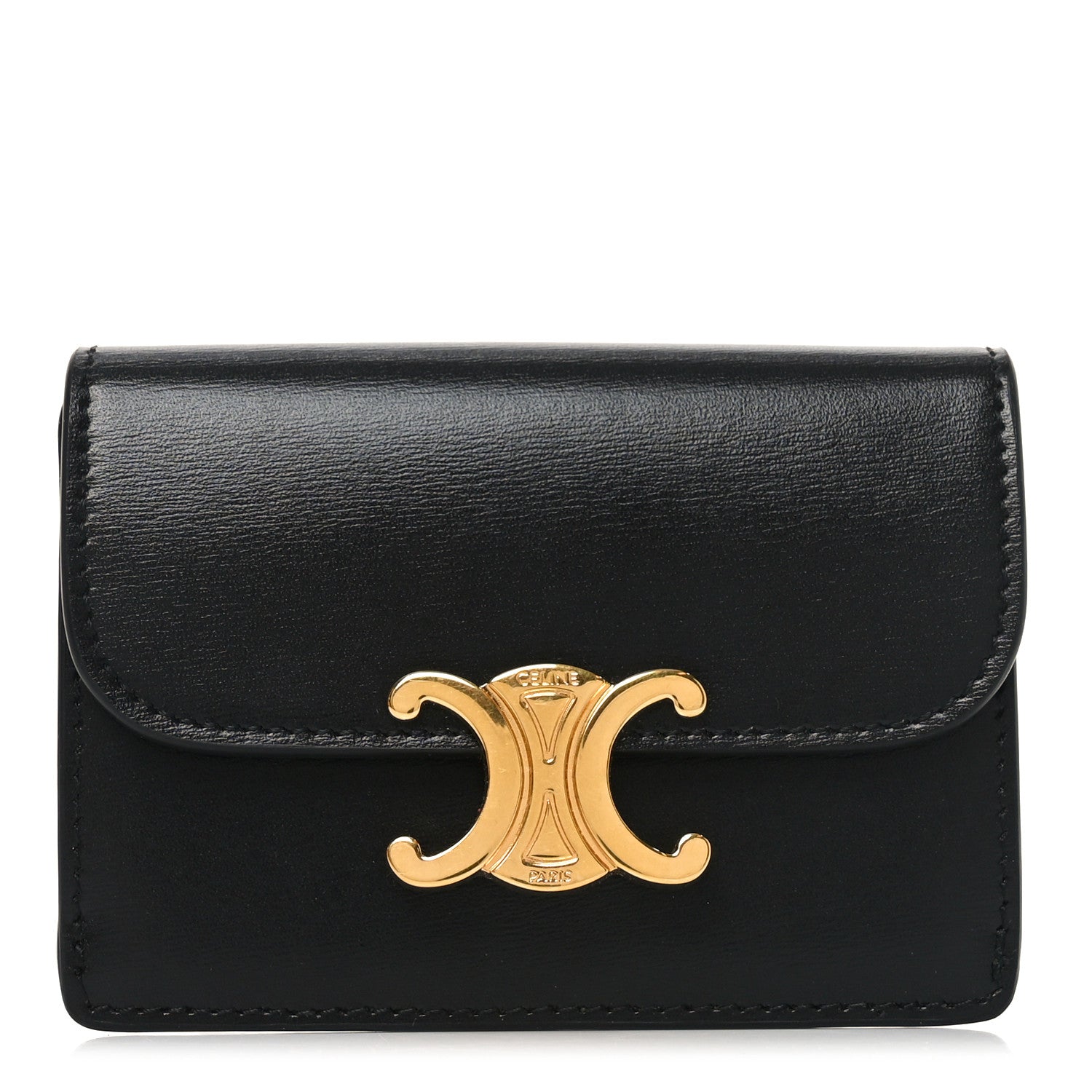 Celine Shiny Calfskin Triomphe Flap Card Holder Black 1 of 7