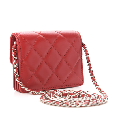 Chanel Lambskin Quilted Flap Card Holder On Chain Red 3 of 11