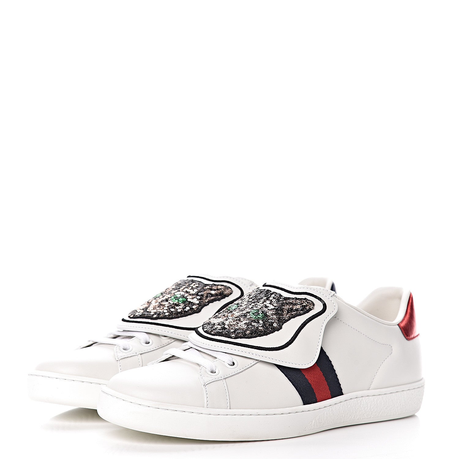 Gucci Calfskin Sequins Web Cat Womens Ace Sneakers 40 White 3 of 10