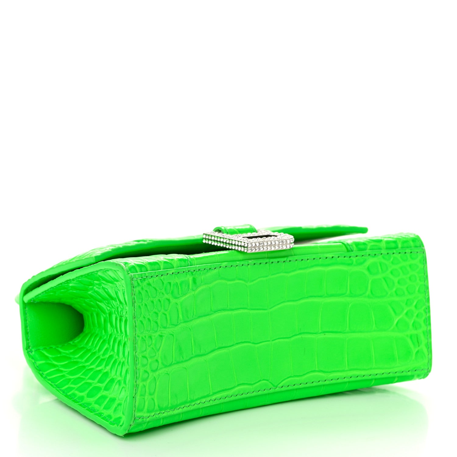 Balenciaga Shiny Calfskin Strass Crocodile Embossed Hourglass Top Handle Bag XS Fluo Green 4 of 11