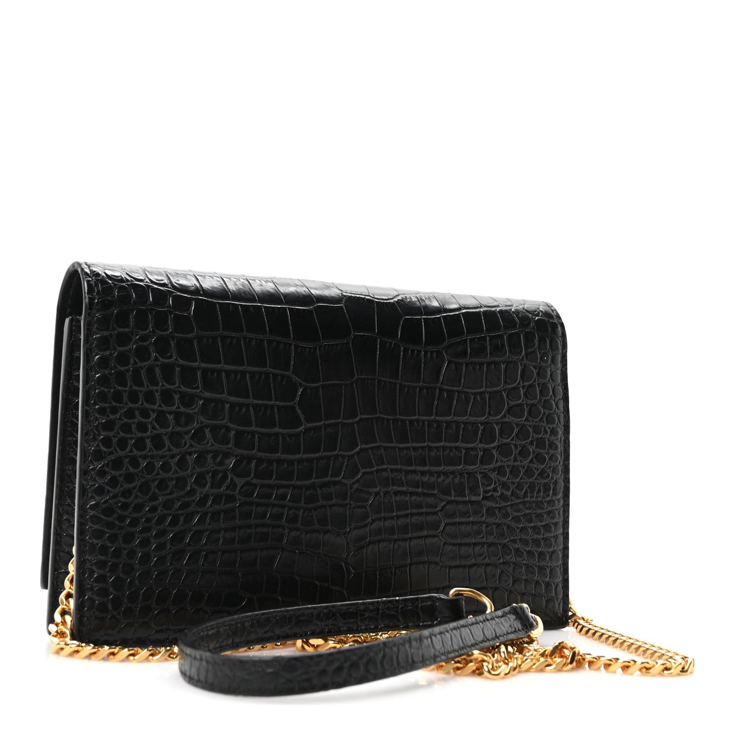 Saint Laurent Calfskin Crocodile Embossed Kate Monogram Tassel Chain Wallet Black 3 of 9