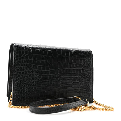 Saint Laurent Calfskin Crocodile Embossed Kate Monogram Tassel Chain Wallet Black 3 of 9