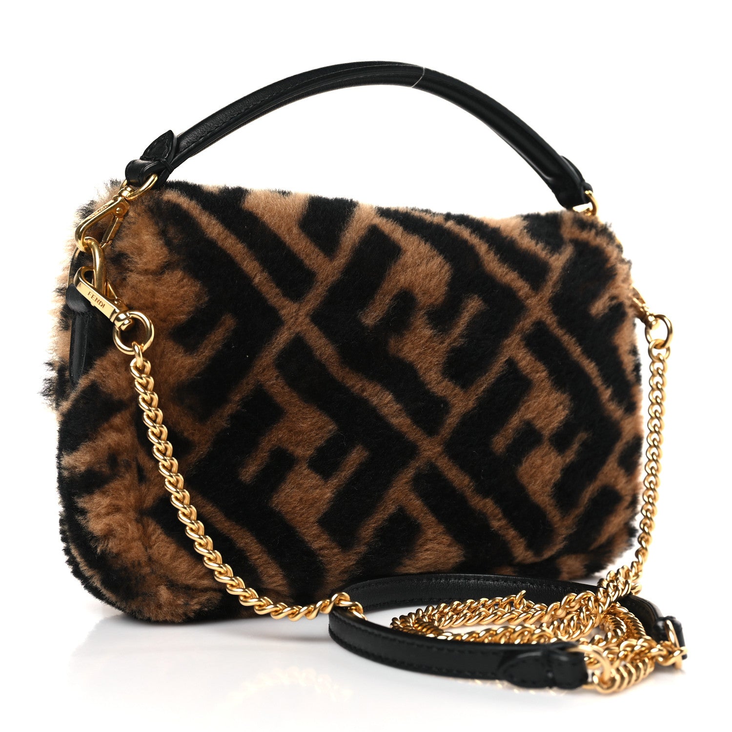 Fendi Shearling Vitello Dolce Macro FF 1974 Mini Baguette Tobacco Black 3 of 9