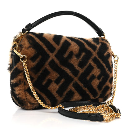 Fendi Shearling Vitello Dolce Macro FF 1974 Mini Baguette Tobacco Black 3 of 9