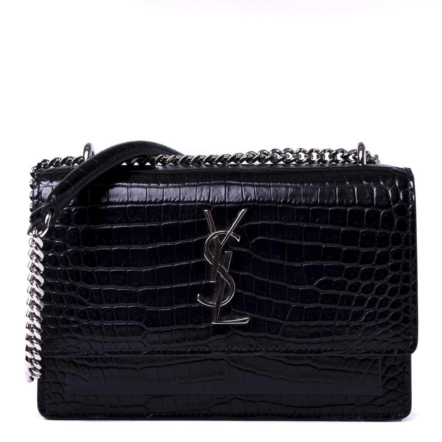 Calfskin Crocodile Embossed Monogram Sunset Chain Wallet Black