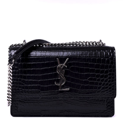 Saint Laurent Calfskin Crocodile Embossed Monogram Sunset Chain Wallet Black 1 of 10