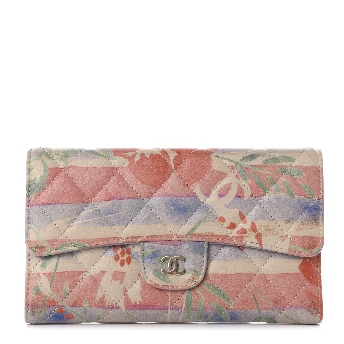 Lambskin Floral Printed Quilted Long Flap Wallet Multicolor