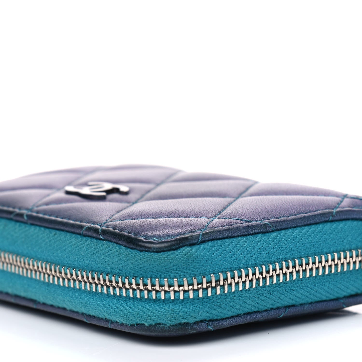 Chanel Metallic Lambskin Quilted Zip Around Coin Purse Wallet Turquoise 8 of 9