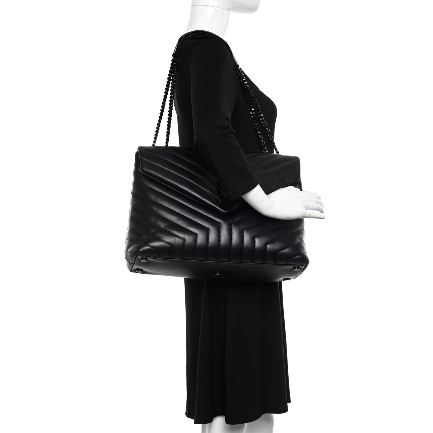 Calfskin Y Quilted Monogram Monochrome Large Loulou Chain Satchel Black
