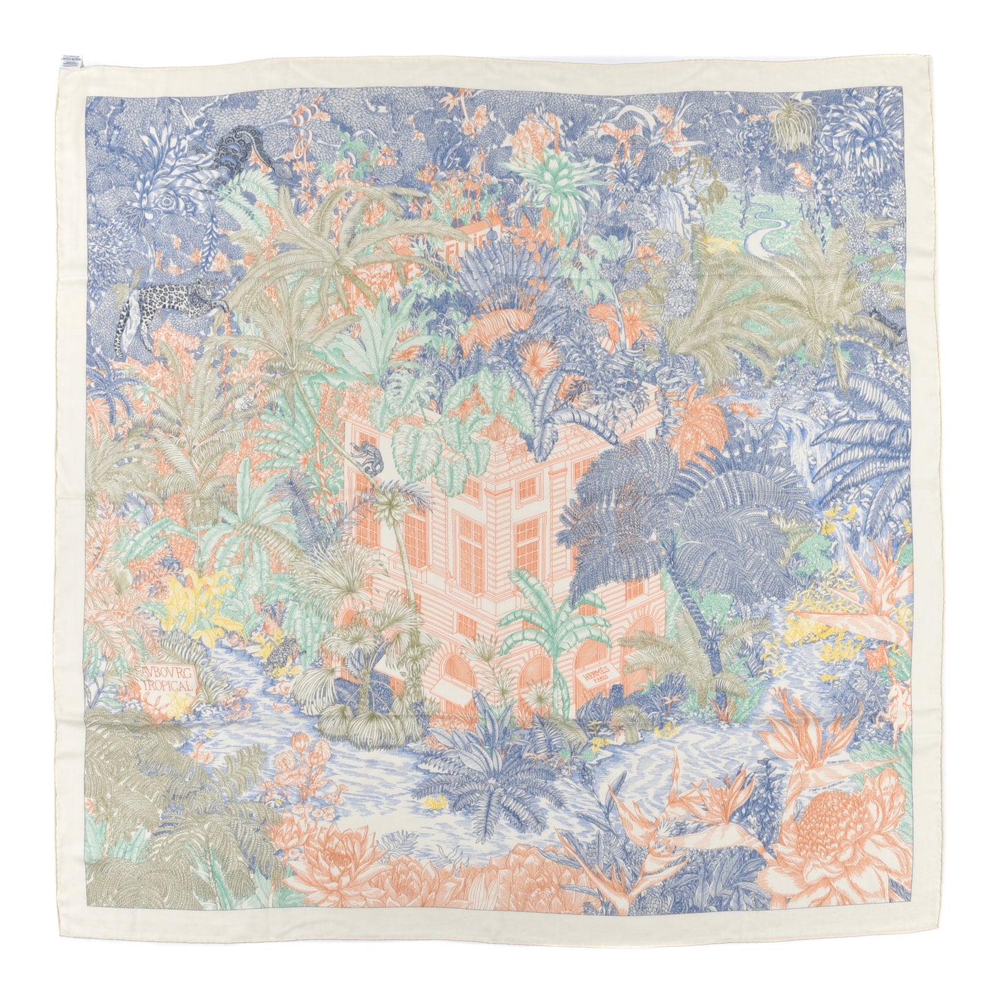 Cashmere Silk Faubourg Tropical Shawl 140 White Bleu Abricot