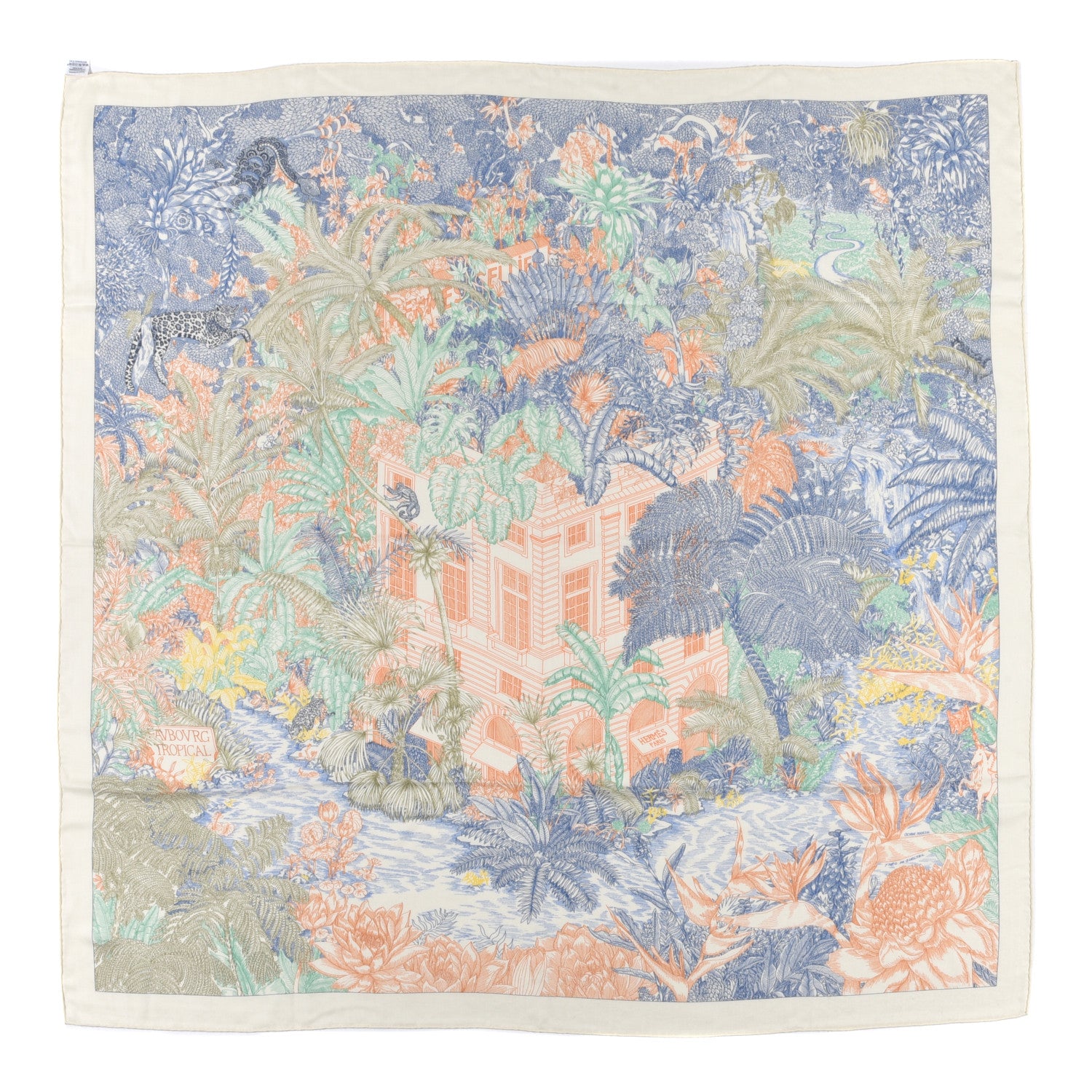 Hermes Cashmere Silk Faubourg Tropical Shawl 140 White Bleu Abricot 1 of 5