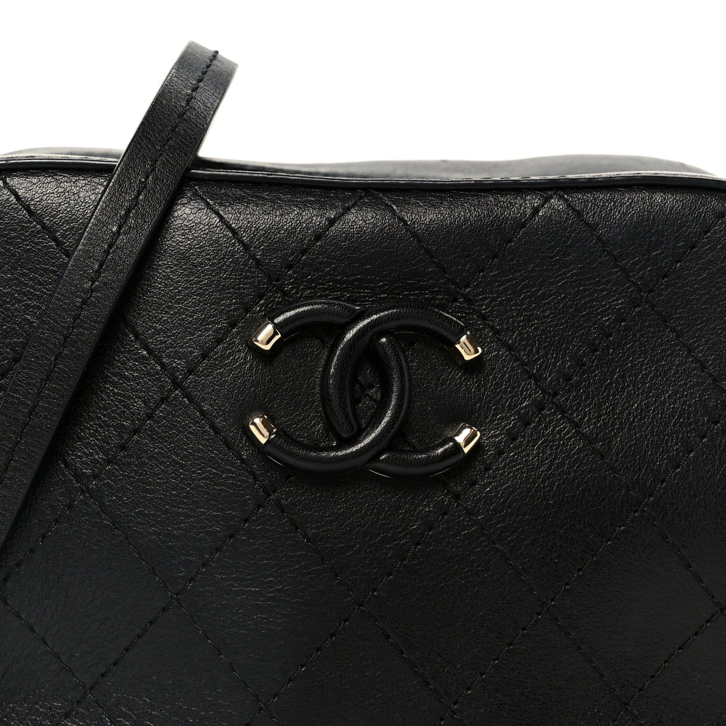 Calfskin Stitched Covered CC Camera Case Bag Black