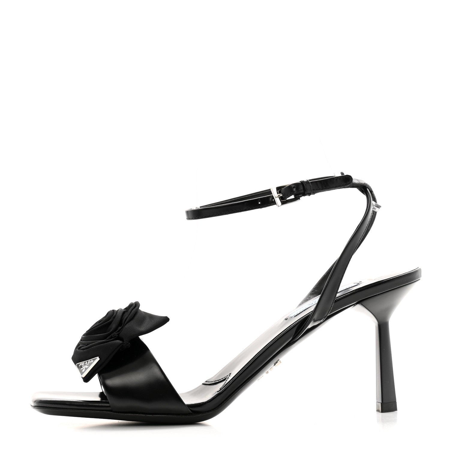 Prada Vernice Nylon Flower Metal Triangle Logo Open Toe 65mm Sandals 38.5 Black 1 of 10
