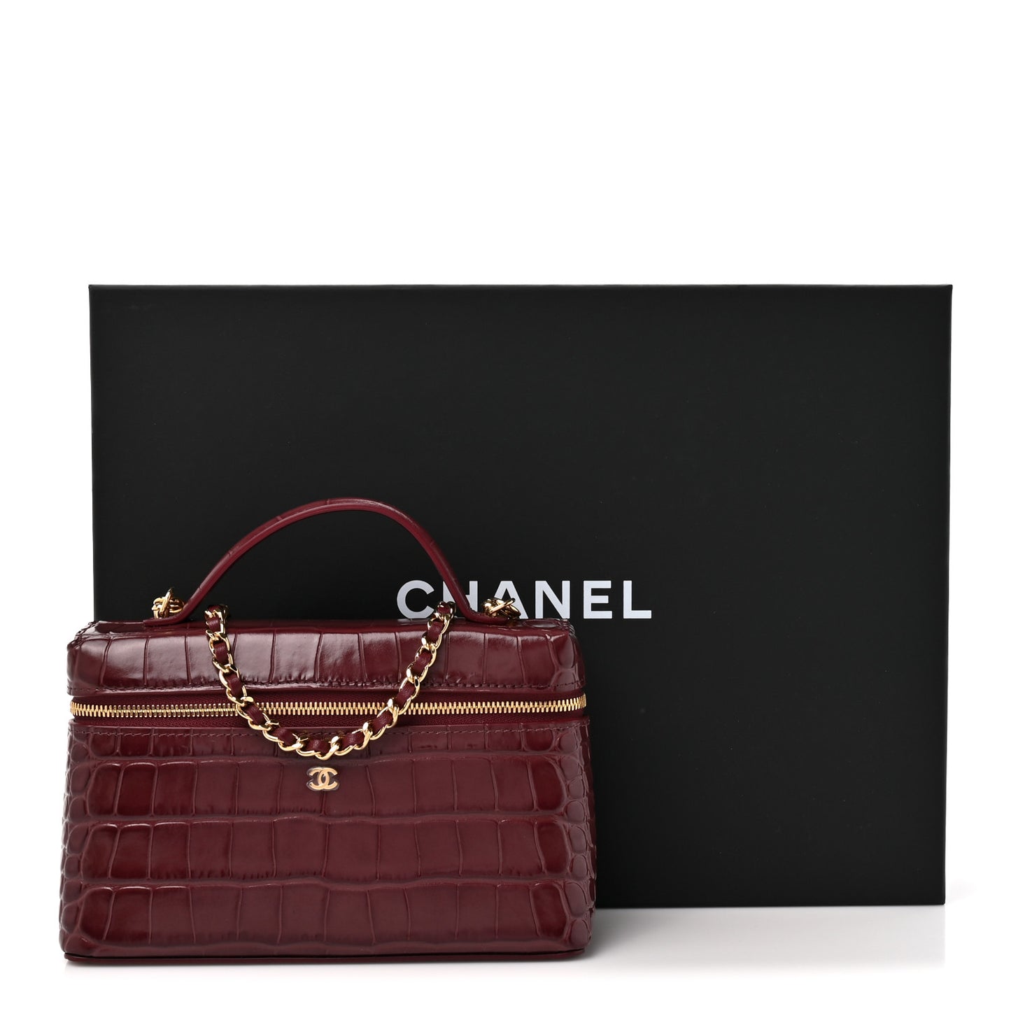 Calfskin Crocodile Embossed Crococo Exoticoco Vanity With Chain Dark Burgundy