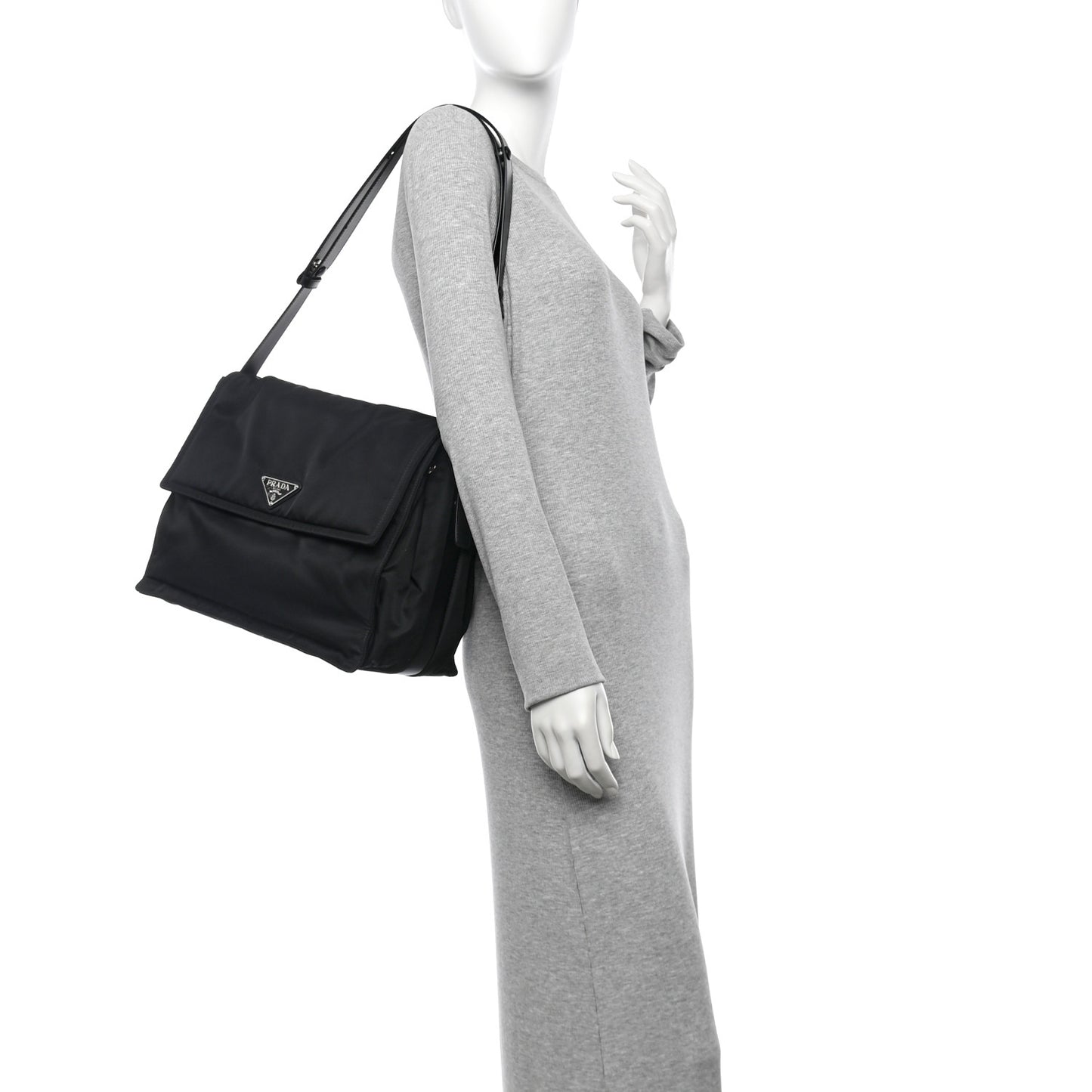Re-Nylon Vitello Padded Large Flap Shoulder Bag Black