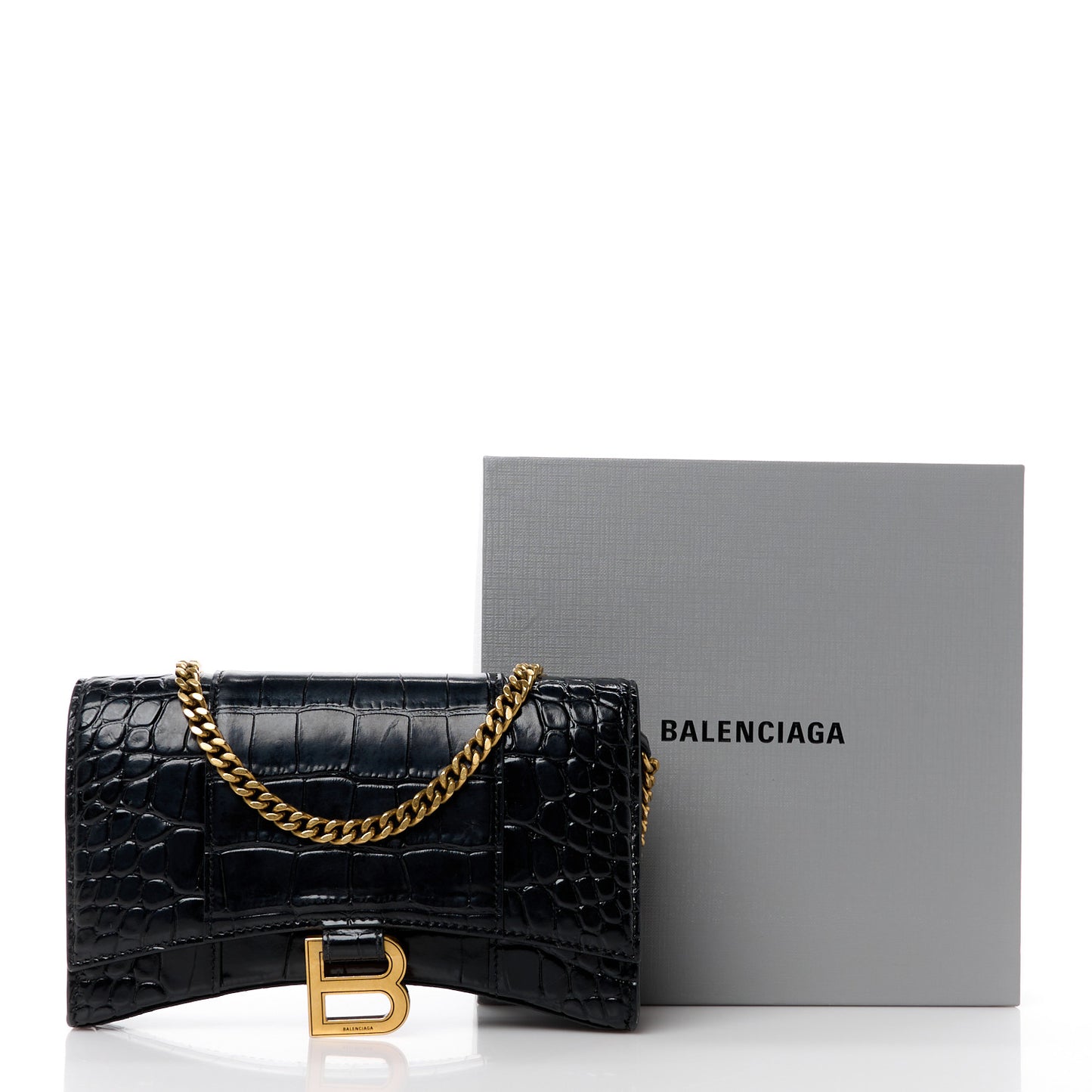 Shiny Calfskin Crocodile Embossed Hourglass Chain Bag Black