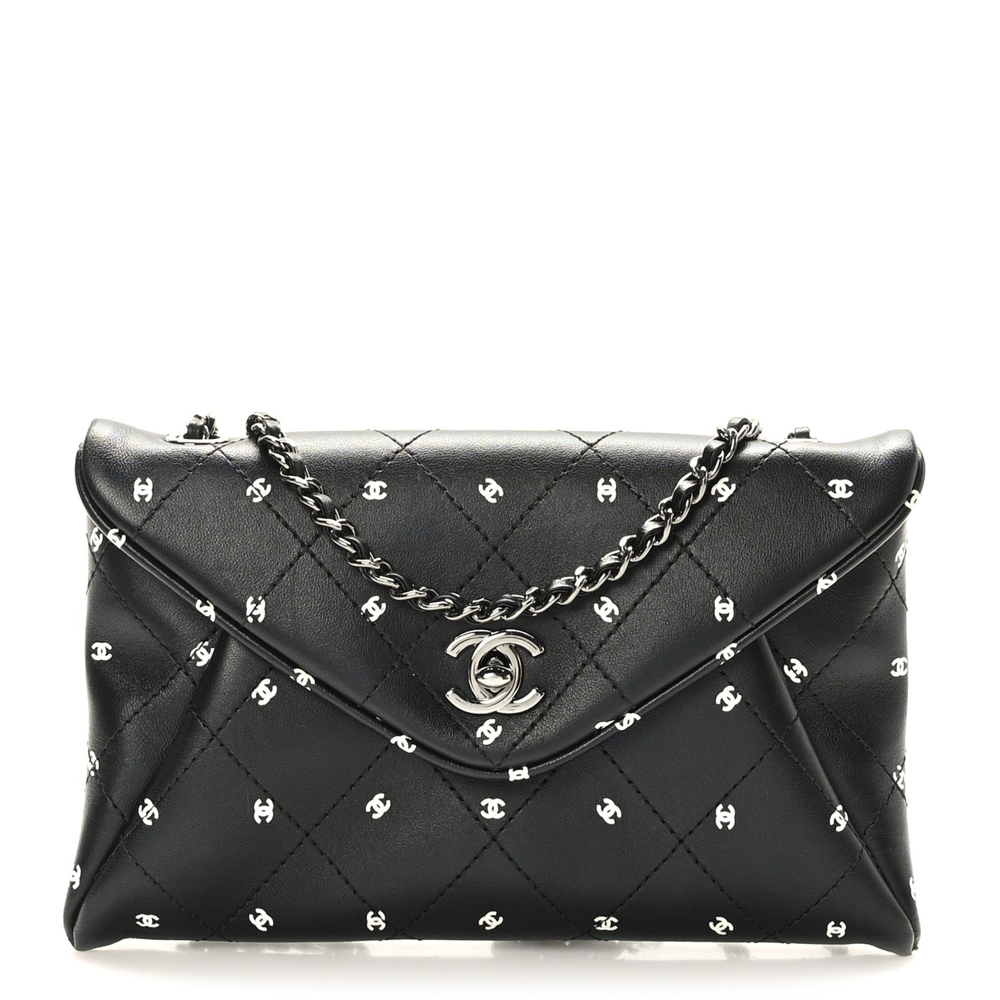 Printed Lambskin Logo CC Envelope Clutch With Chain Black White