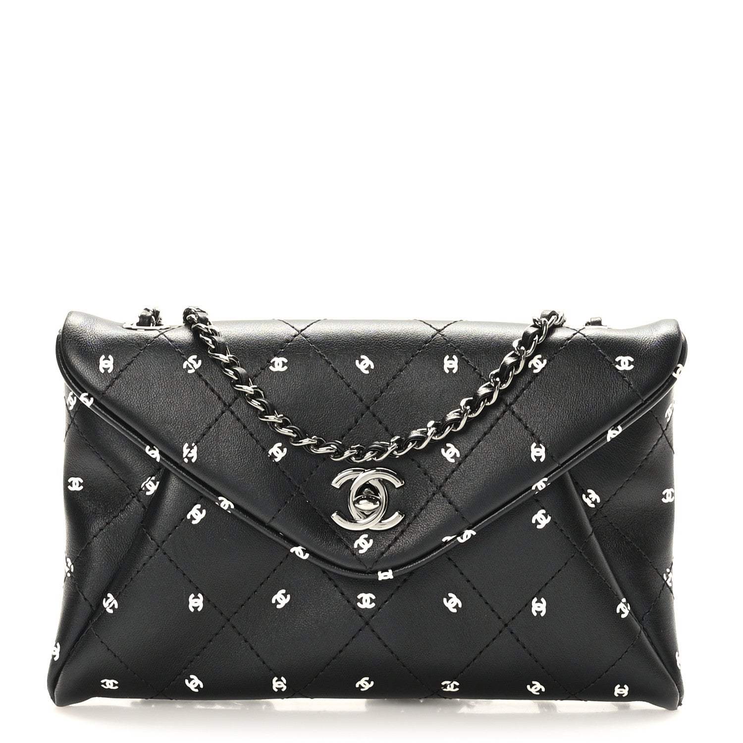Chanel Printed Lambskin Logo CC Envelope Clutch With Chain Black White 1 of 9
