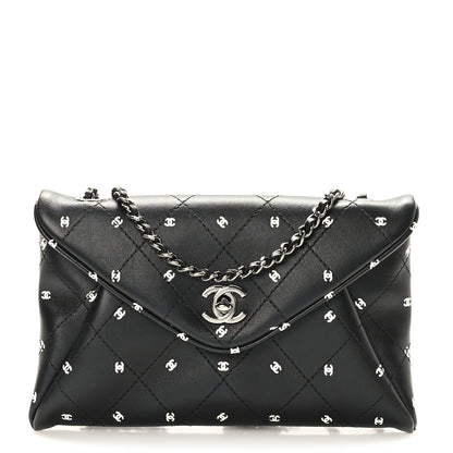 Chanel Printed Lambskin Logo CC Envelope Clutch With Chain Black White 1 of 9
