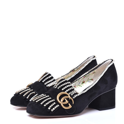 Gucci Kid Scamosciato Crystal GG Marmont Fringe 50mm Loafer Pumps 35 Black 2 of 9