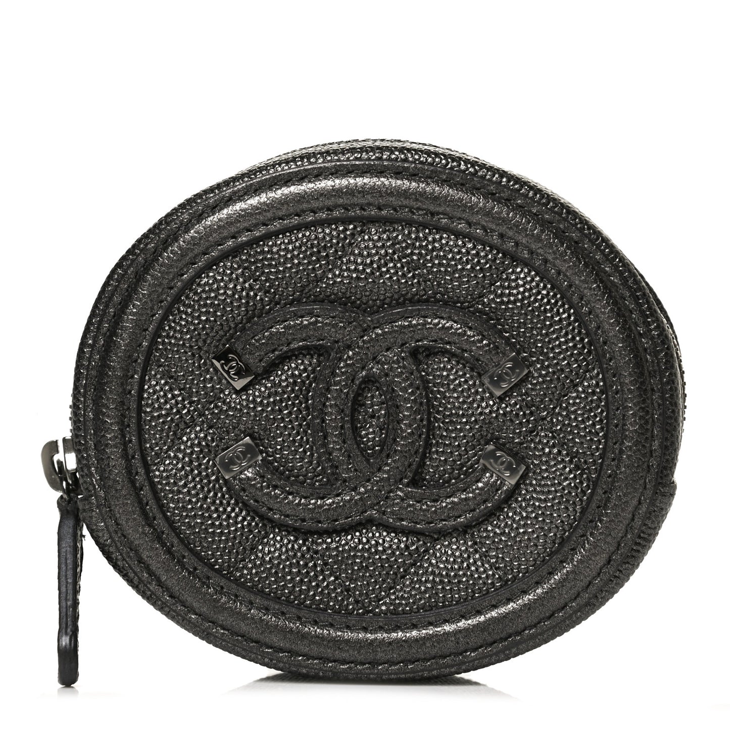 Metallic Caviar Quilted Filigree Zip Around Classic Coin Purse Dark Silver