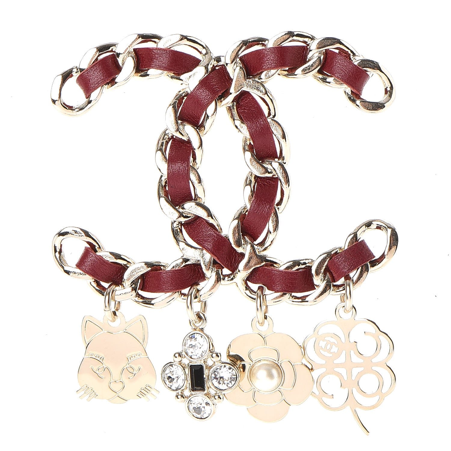 Chanel Lambskin Crystal Chain CC Charms Brooch Red Gold 1 of 5