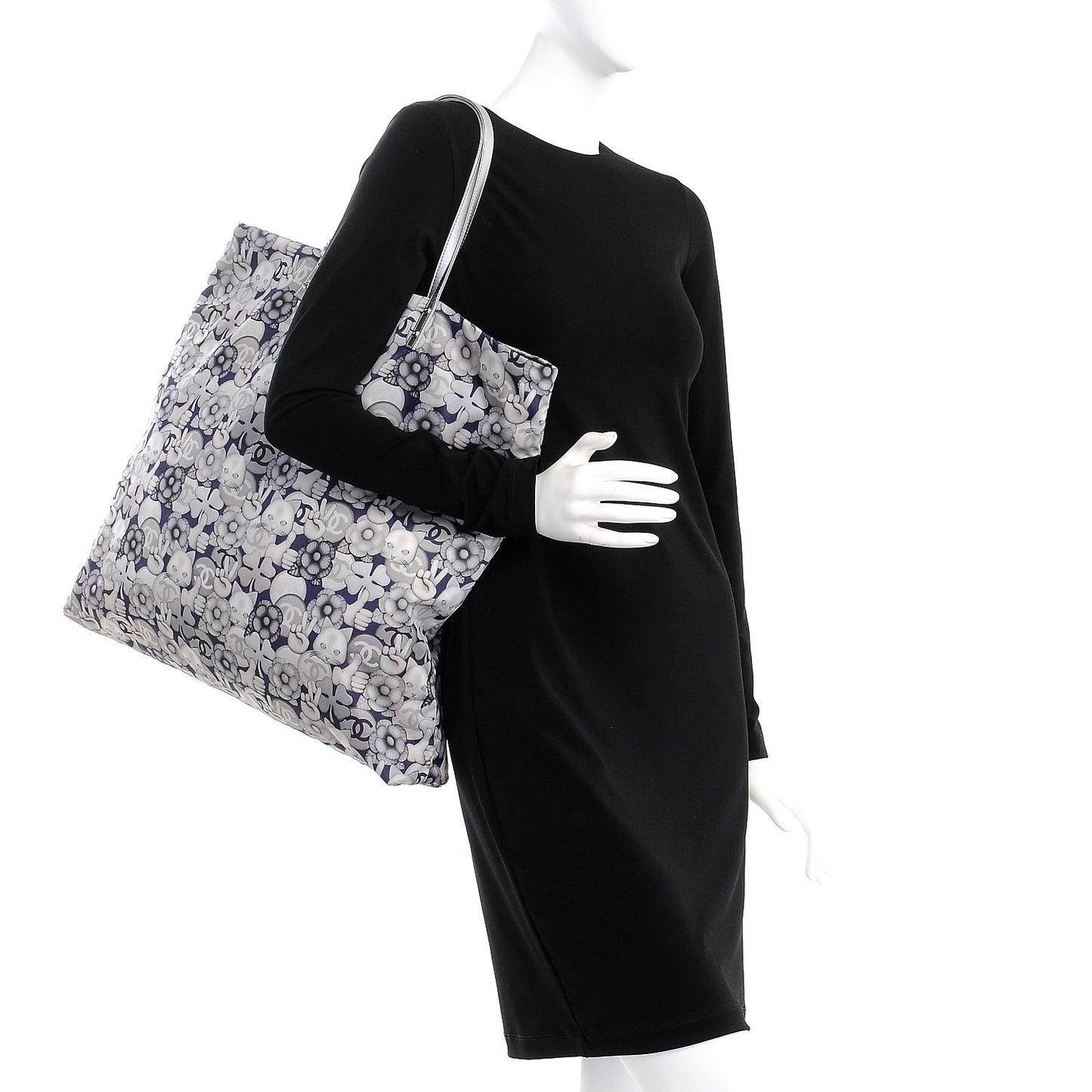 Nylon Cat Emoticon Tote Navy Silver