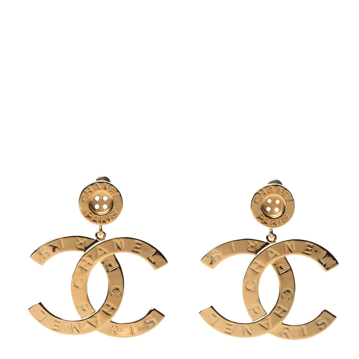 Chanel Metal Large Paris Button Earrings Gold 1 of 5