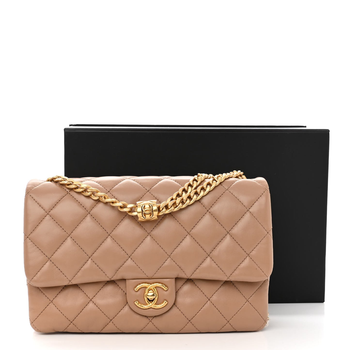 Lambskin Quilted Medium Pillow Crush Flap Beige