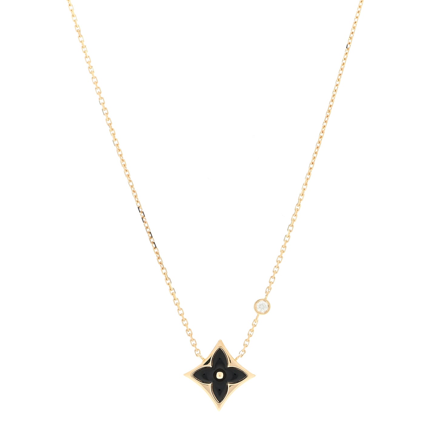 18K Yellow Gold Diamond Black Onyx Color Blossom BB Star Pendant Necklace