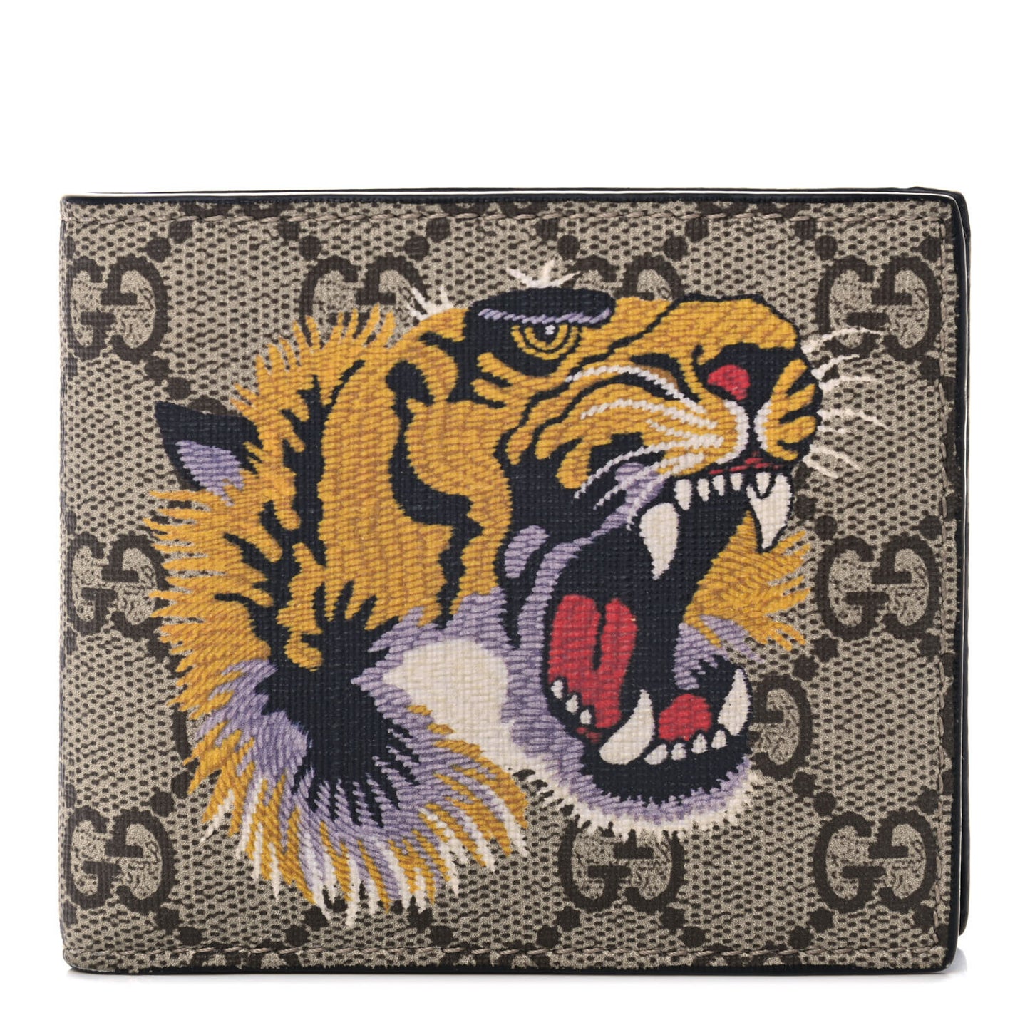 GG Supreme Monogram Selleria Calfskin Tiger Nice Bi-Fold Wallet Beige Ebony Multicolor Black