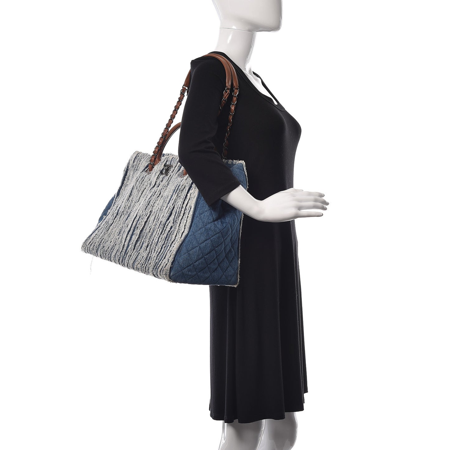 Denim Fringe Large Shopping Tote Blue