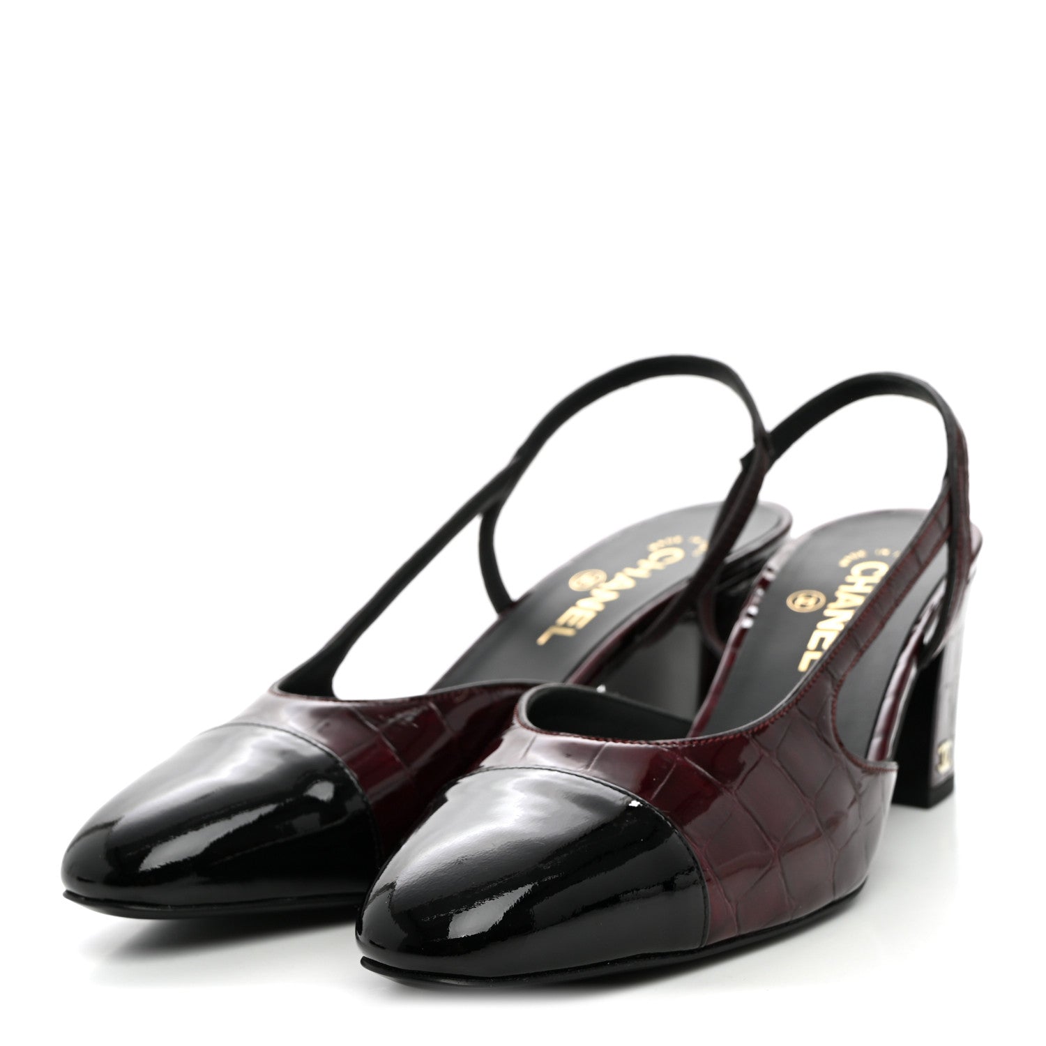 Chanel Patent Calfskin Crocodile Embossed Cap Toe CC Slingback Pumps 41 Dark Burgundy Black 3 of 10