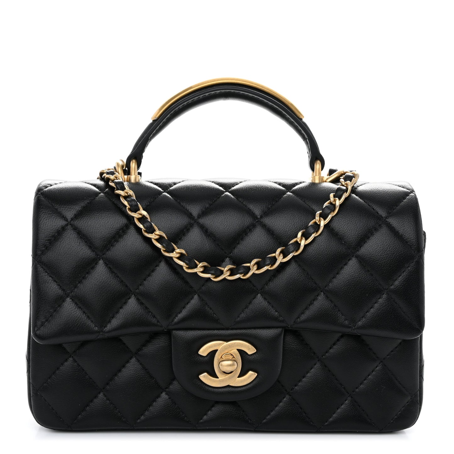 Lambskin Quilted Metal Mini Top Handle Rectangular Flap Black