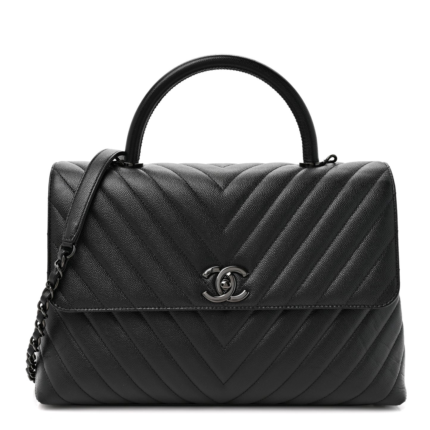 Caviar Chevron Quilted Medium Coco Handle Flap So Black