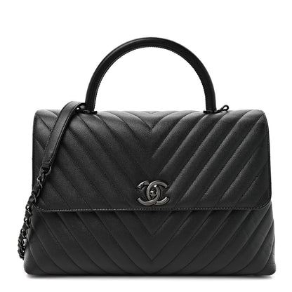 Chanel Caviar Chevron Quilted Medium Coco Handle Flap So Black 1 of 9