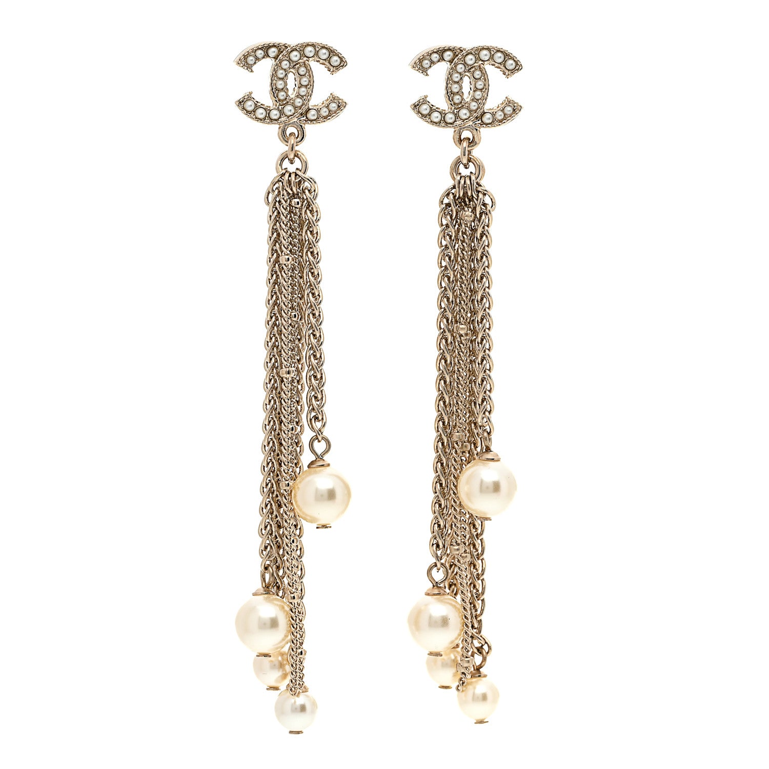 Chanel Pearl Chain CC Dangle Earrings Gold 1 of 5