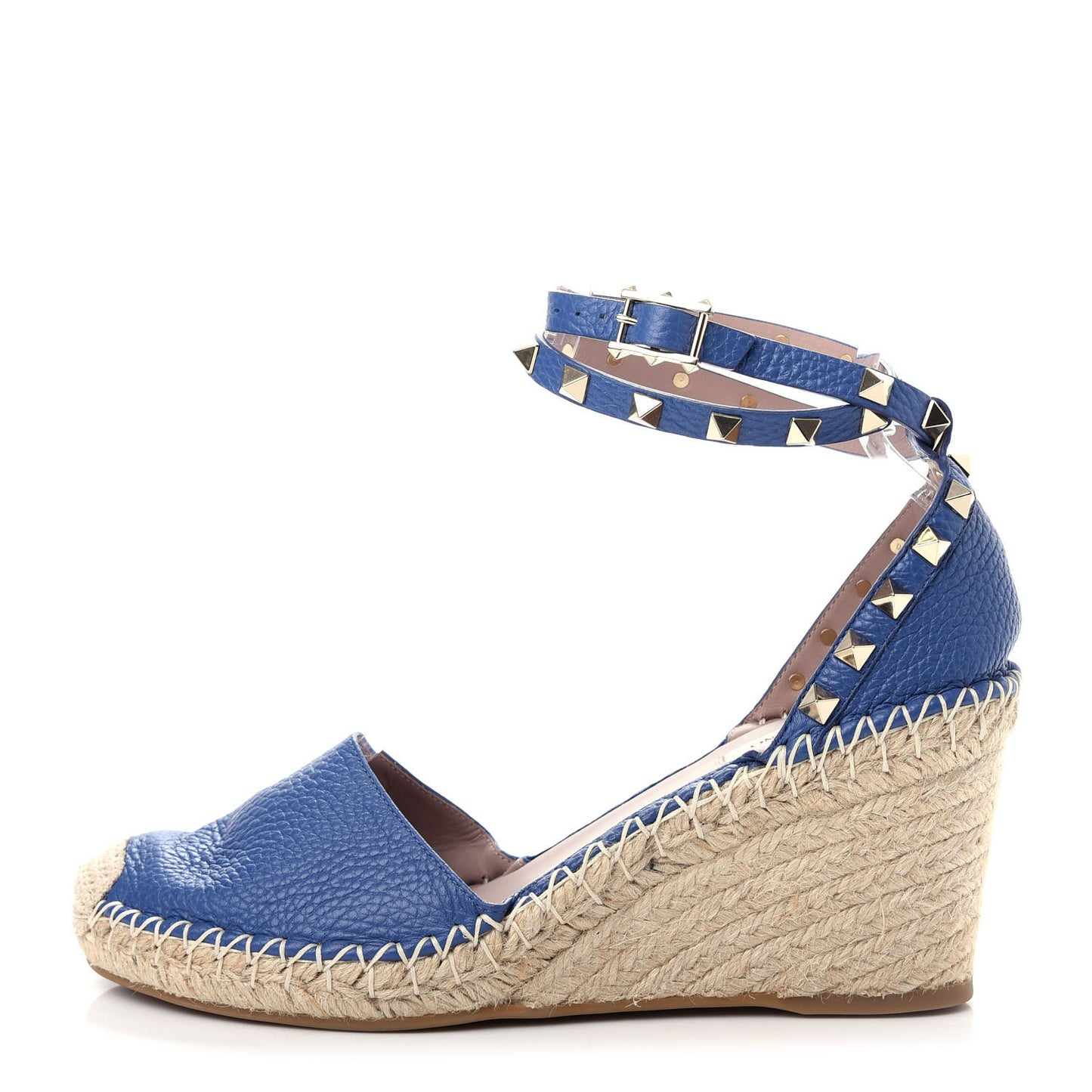 Grained Calfskin Rockstud Ankle Wrap Espadrille 15/85mm Wedges 39 Baltique