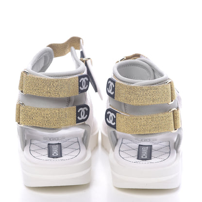 Chanel Goatskin Fabric Gladiator Sandals 36.5 White Light Grey Navy Blue 5 of 10
