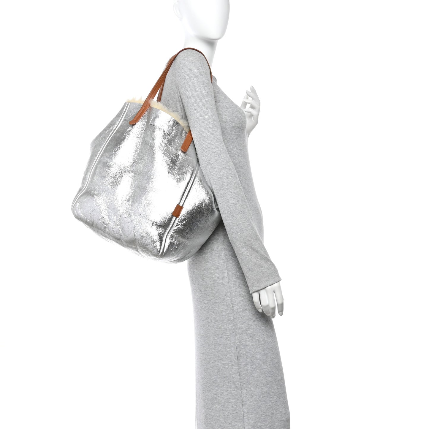 Metallic Lambskin Shearling Medium Phantom Cabas Reversible Tote Natural Silver