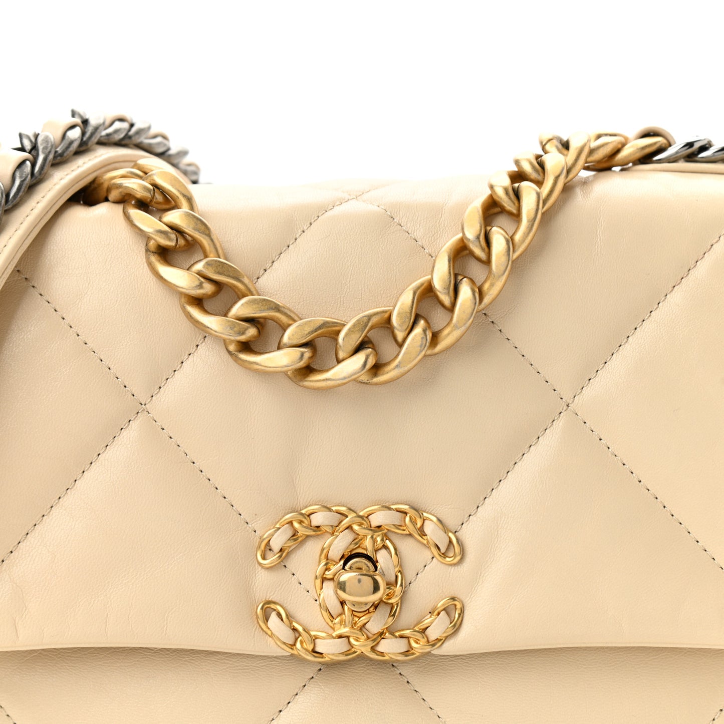 Shiny Goatskin Quilted Medium Chanel 19 Flap Beige