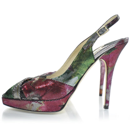 Jimmy Choo Pixelated Floral Slingback Heels 39 Metallic 2 of 7