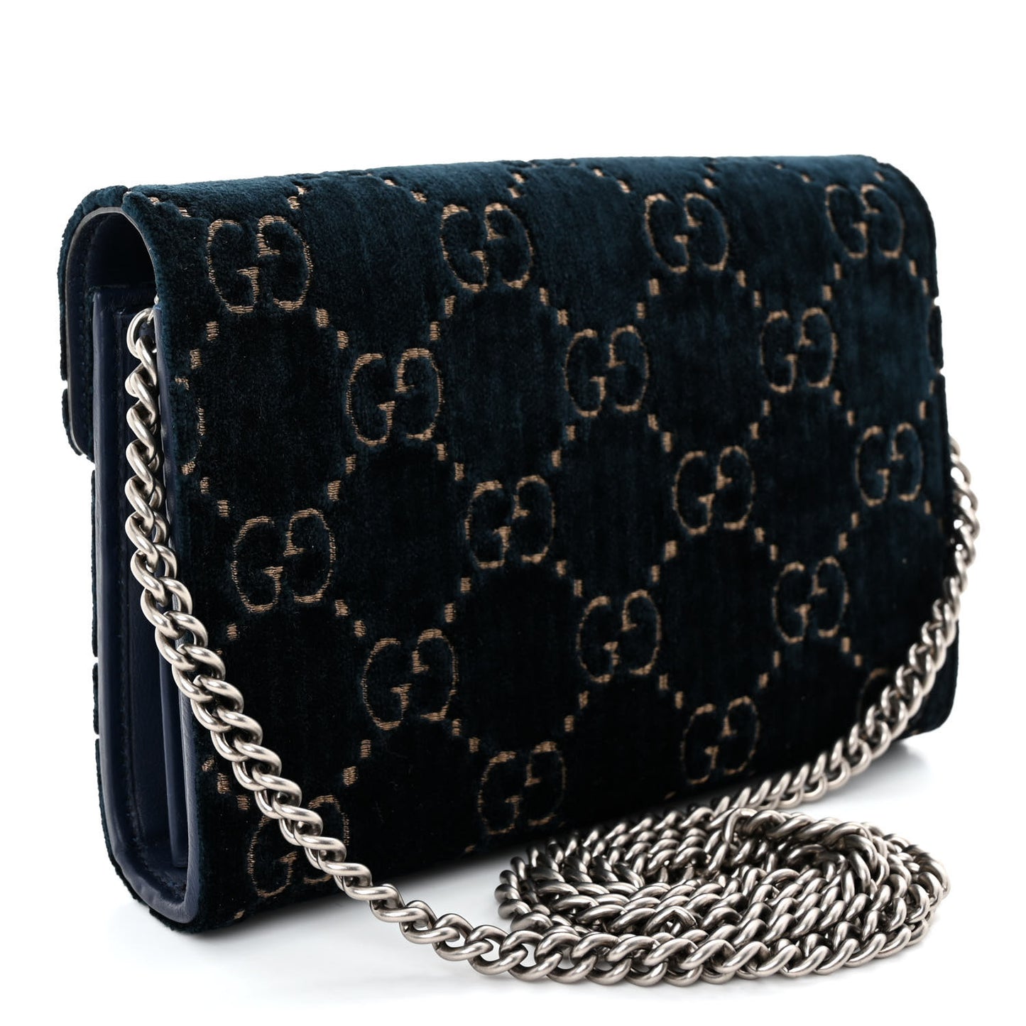 Velvet Crystal GG Monogram Mini Dionysus Chain Wallet Blue Beige Black