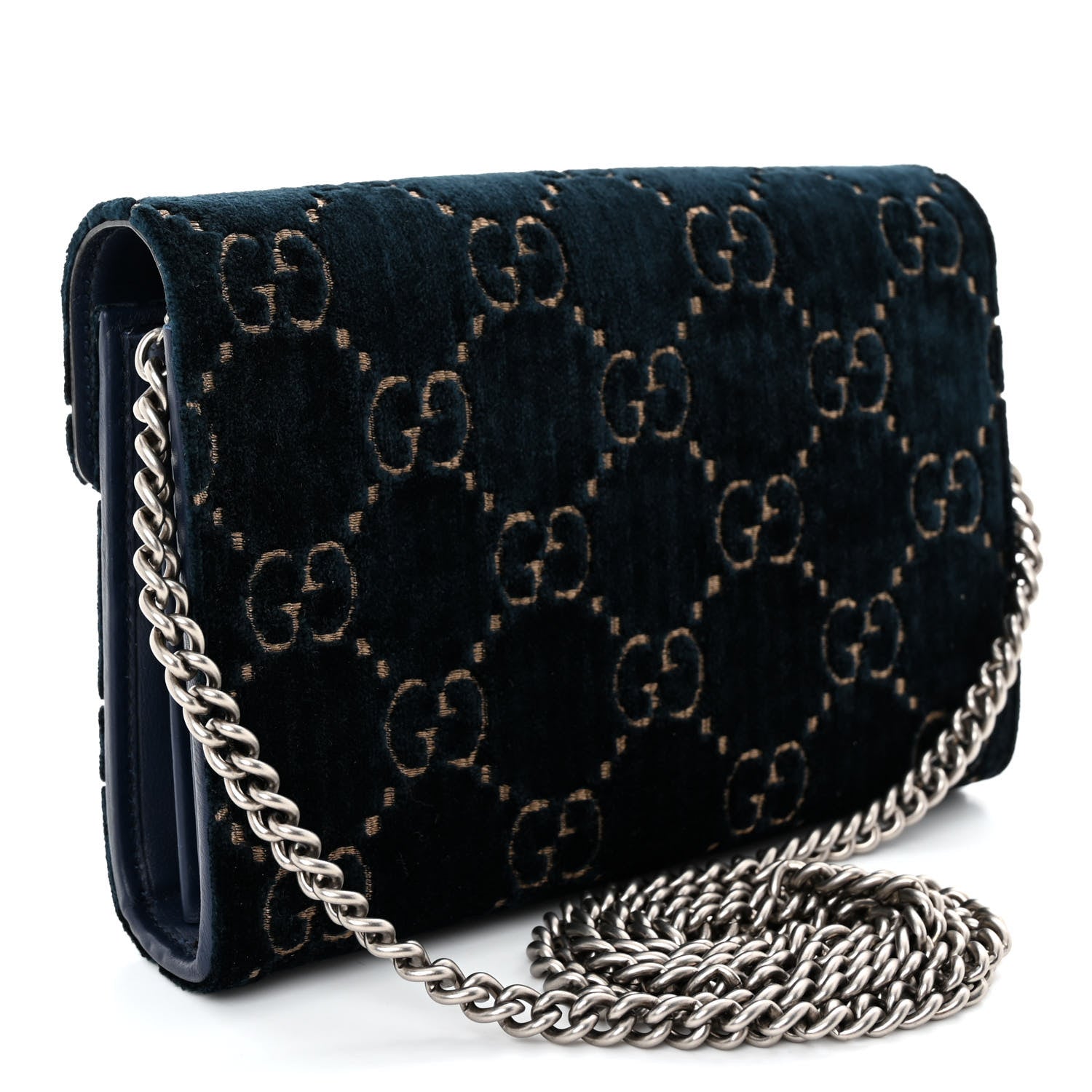 Gucci Velvet Crystal GG Monogram Mini Dionysus Chain Wallet Blue Beige Black 3 of 10